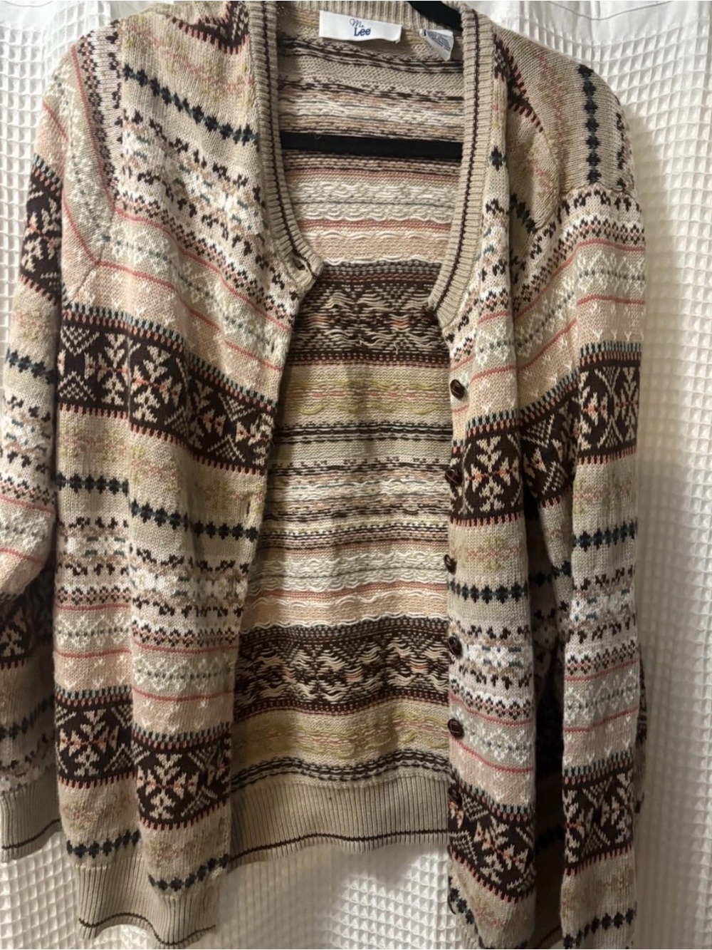 Lee Neutral Fair Isle Button-Up Cardigan in Beige, Brown and Pink